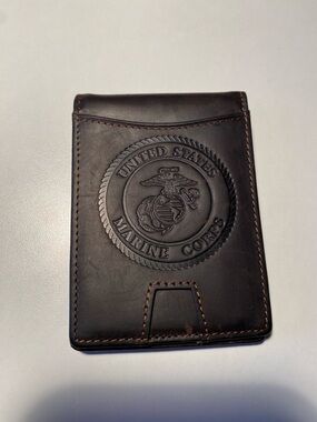 Brown Leather Bifold Wallet with Money Clip Embossed with Marine Emblem